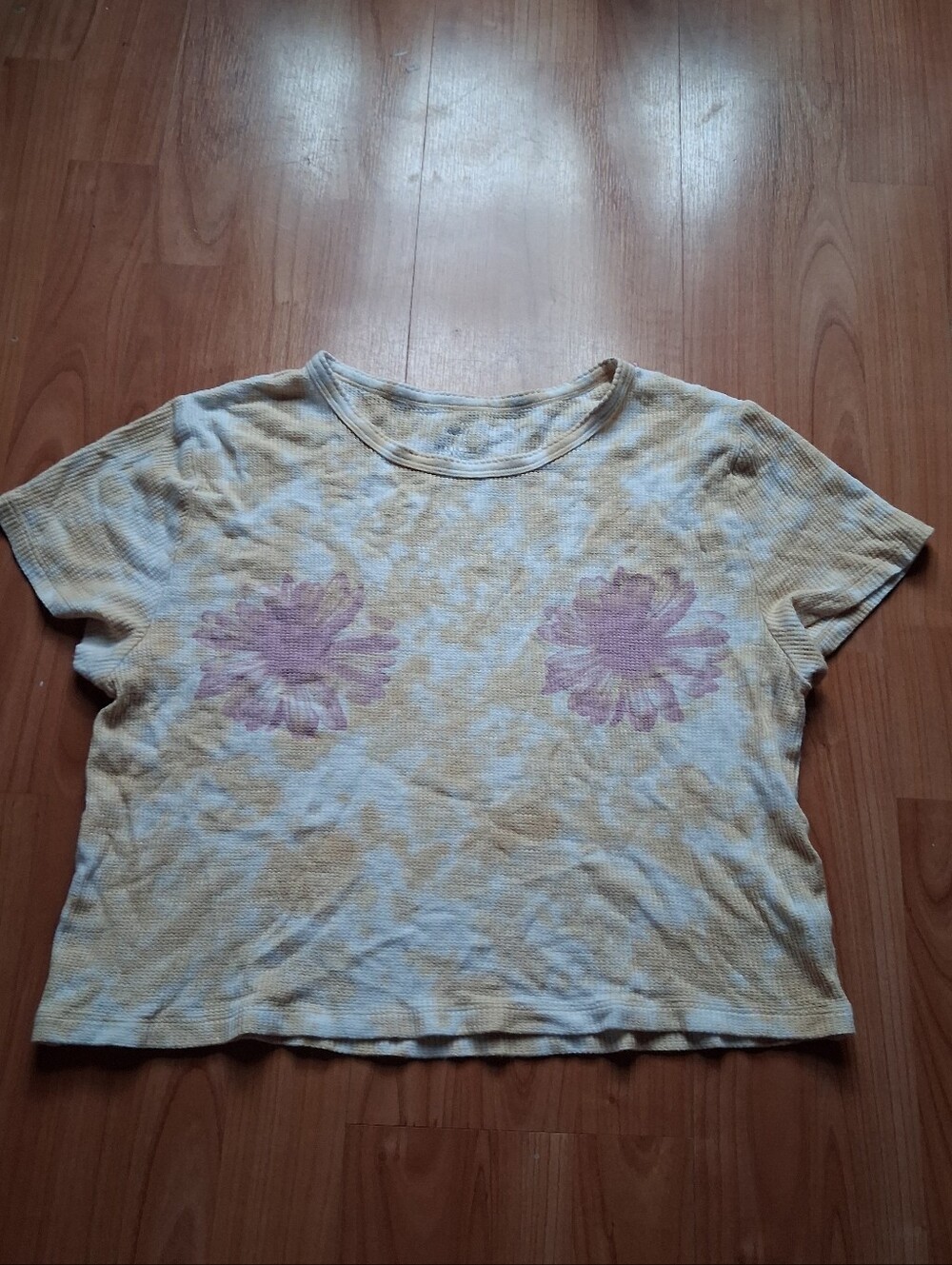 Aerie Tie-Dye Short Sleeve T-Shirt Women's Size XL Tan Purple Floral Knit Top